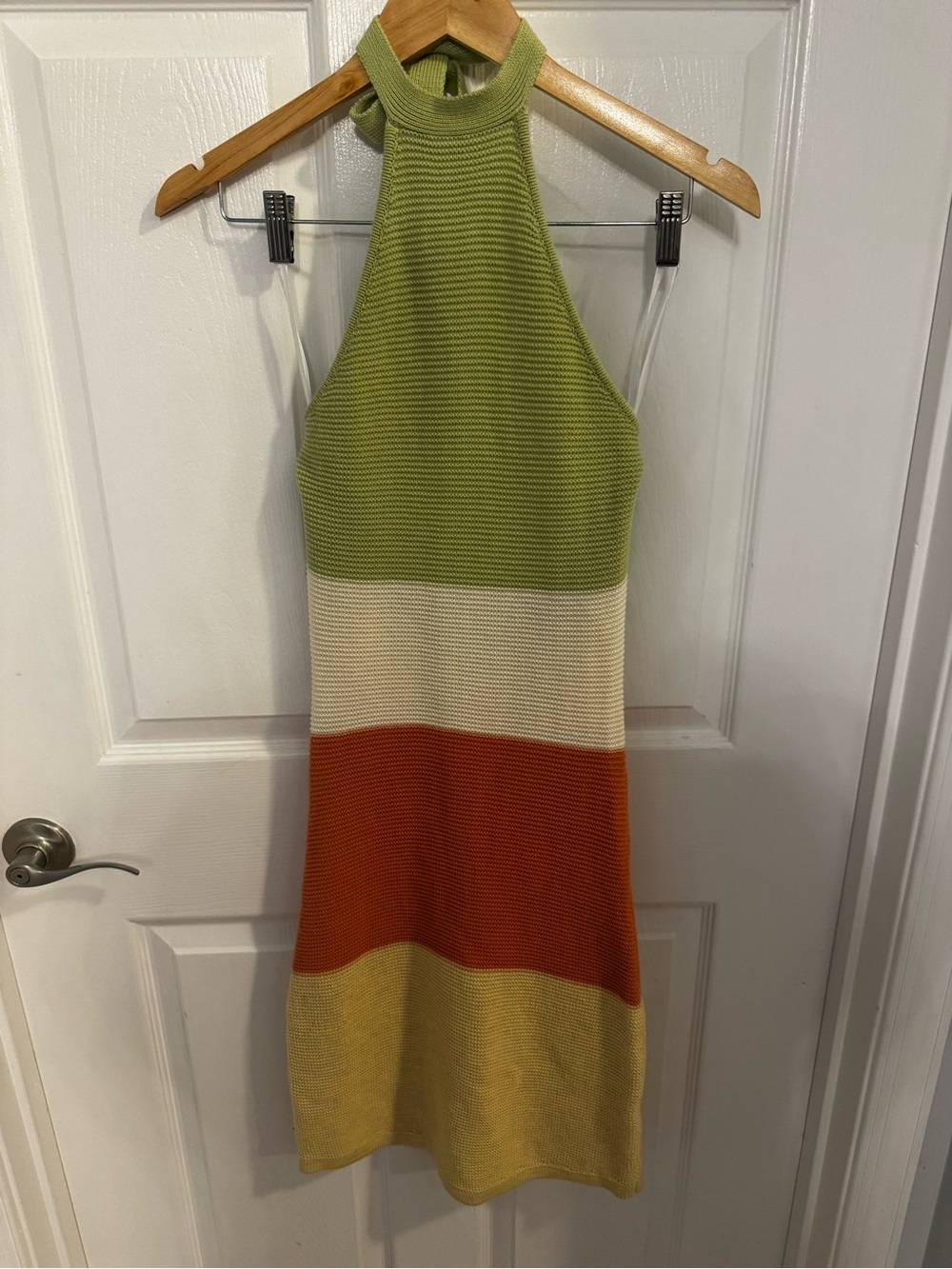 SABO Colorblock Strapless Halter Knit Dress in Green, Cream & Orange